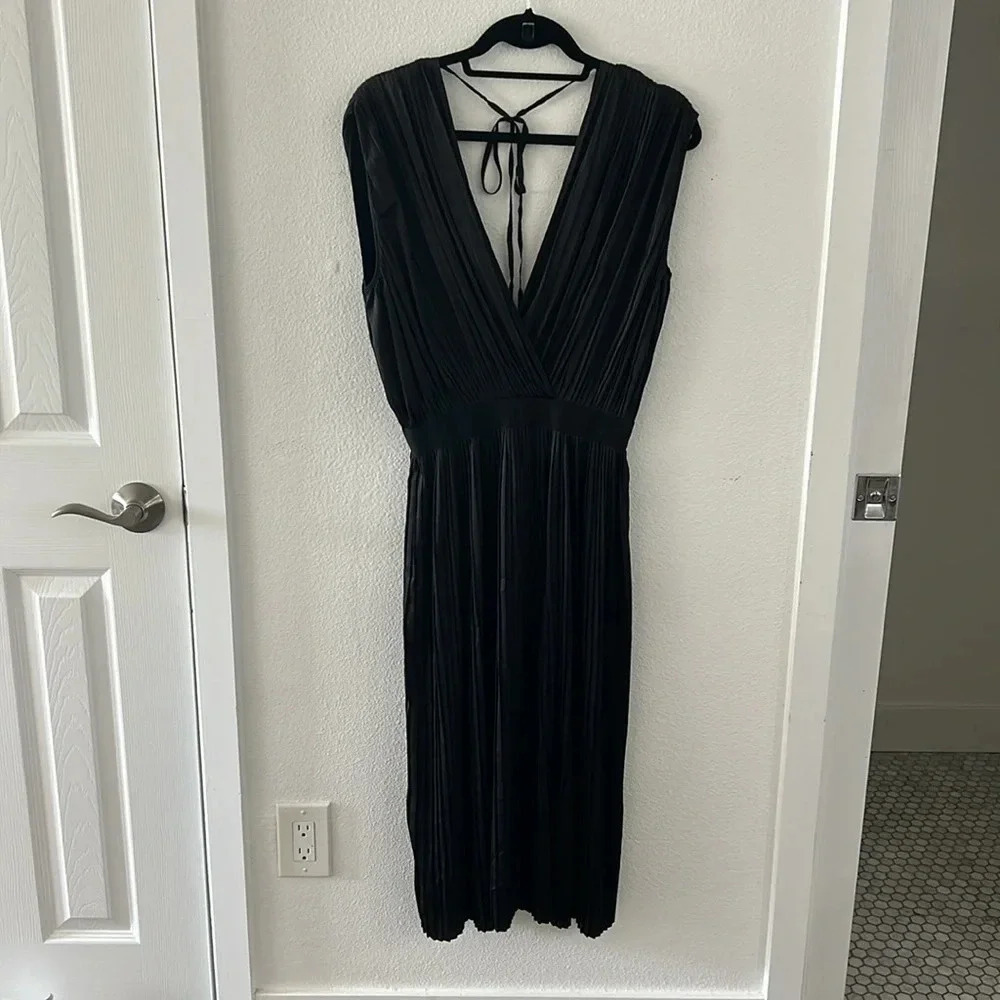 TOME Black Satin Cross Front Pleated Dress - Picture 8 of 12